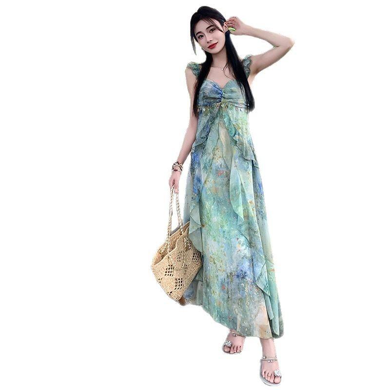 French Dopamine Print Suspender Temperament Dress Women's Summer Fairy Seaside Vacation Ruffled Floral Long Dress