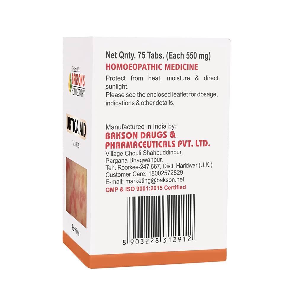Bakson 's Homoeopathy Urtica Aid 75 Tablets For Skin Comfort Calming Support Sensitive Skin Daily Routine Pack Of 1