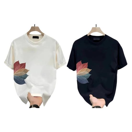 Men's Leaf Print T-shirt Cotton Round Neck Short-sleeved Top Summer Casual Loose Tee Shirt for Daily Life Sports Beaches