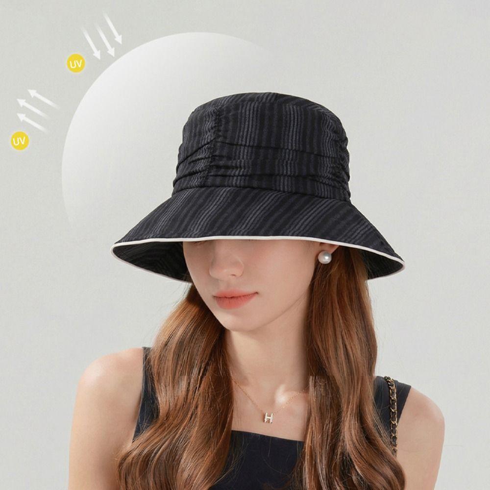 Fashion Pleated Bucket Hat Breathable Striped Sun Protection Hat Foldable Wide Brim Hat Summer