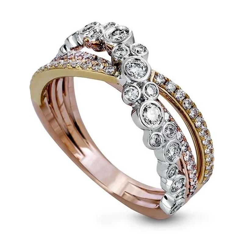 Luxury Three-Tone Women'S Wedding Ring Bling White Cz Inlaid Fancy Cross Design Special Interest Finger Jewelry
