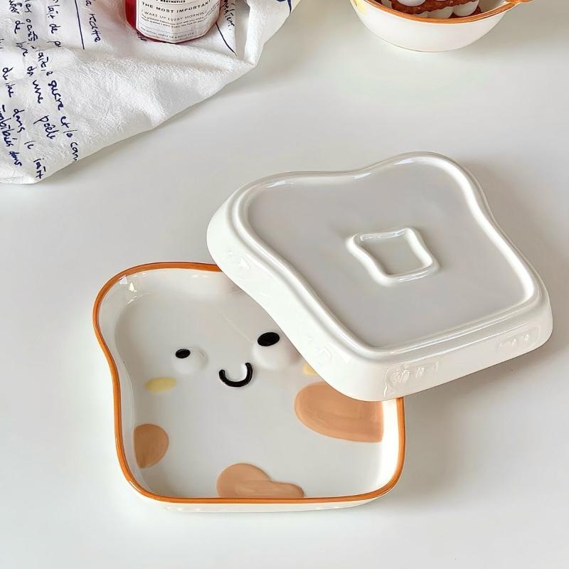 Cute Toast Bread Shaped Ceramic Plate Personalized Rectangular Cake Dim Sum Plates Household Fruit Snack Dish