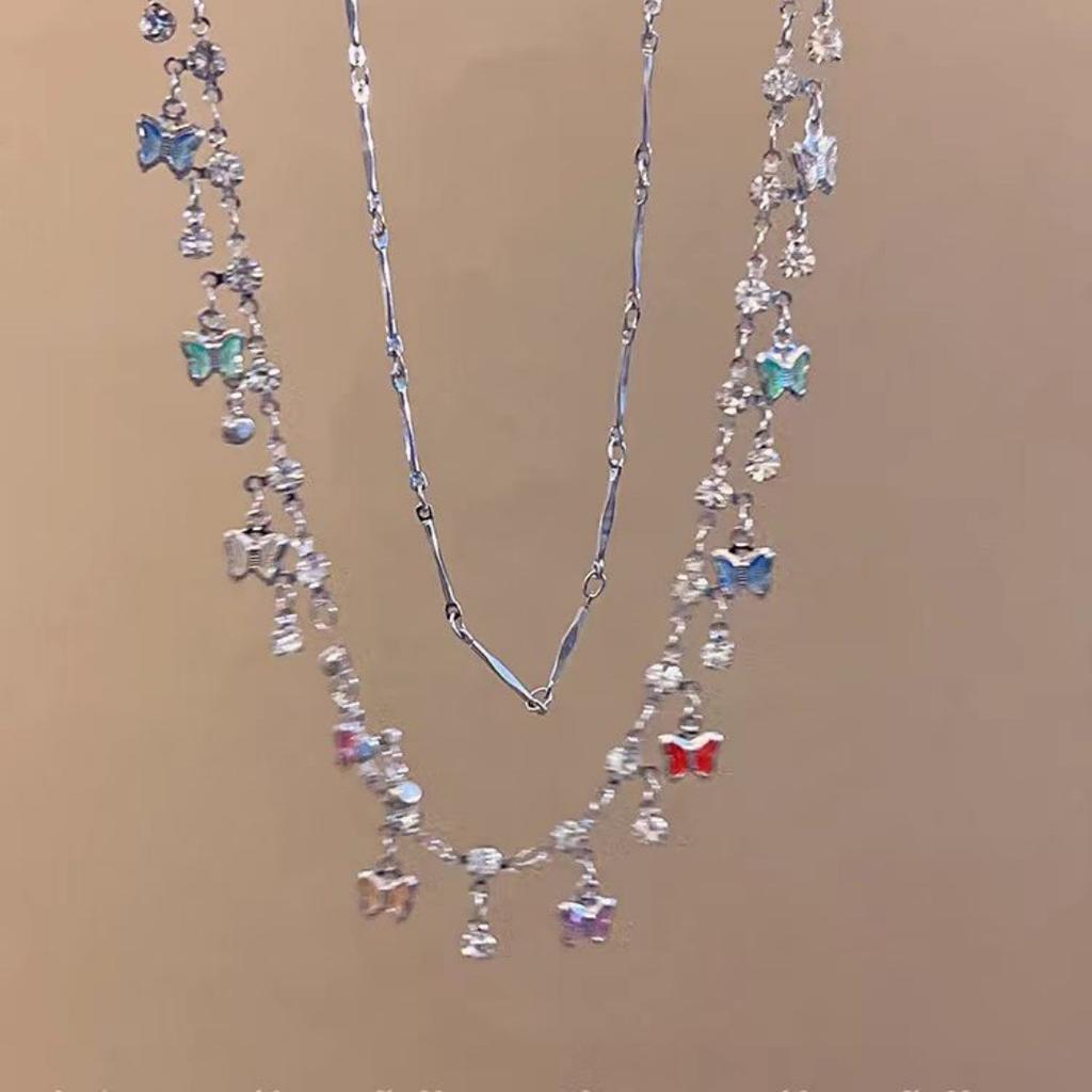 Dopamine atmosphere~ Stacked butterfly choker neck chain colored necklace women's 2024 new accessories collarbone chain