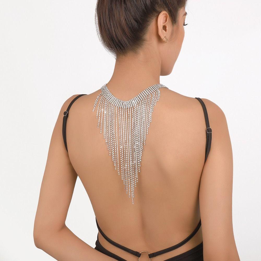 Korean Style Long Tassel Necklace Geometric Clavicle Chain Elegant Full Rhinestone Necklace  Women