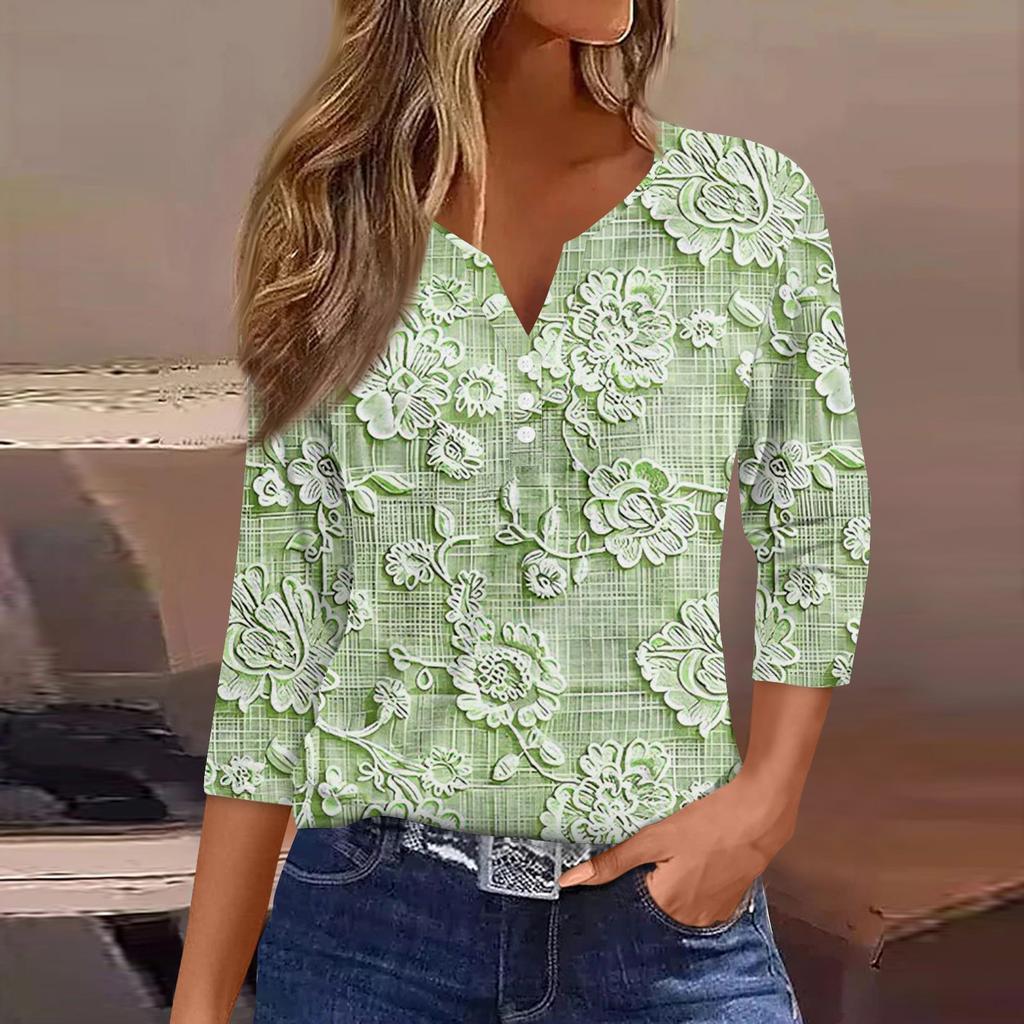 Maglietta da donna con stampa e bottoni, manica 3/4, moda da fine settimana, scollo a V, base, regolare