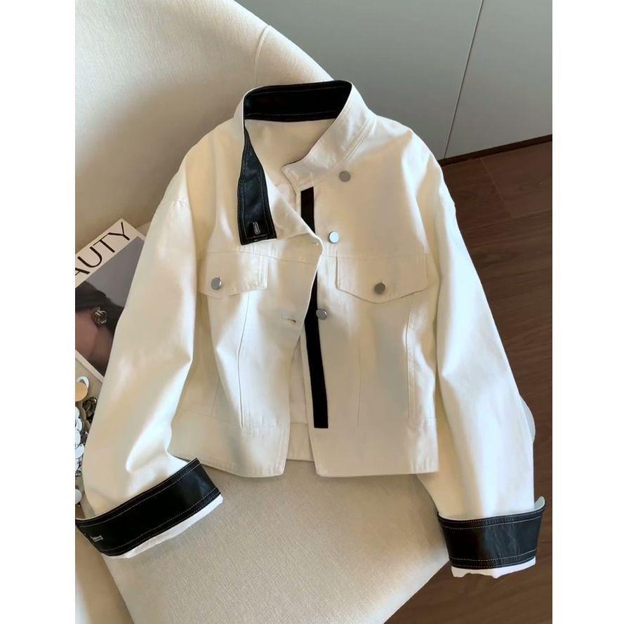 Women s Autumn Retro Barn Style Color Block Stand Collar Workwear Jacket L for 114-126 jin белый