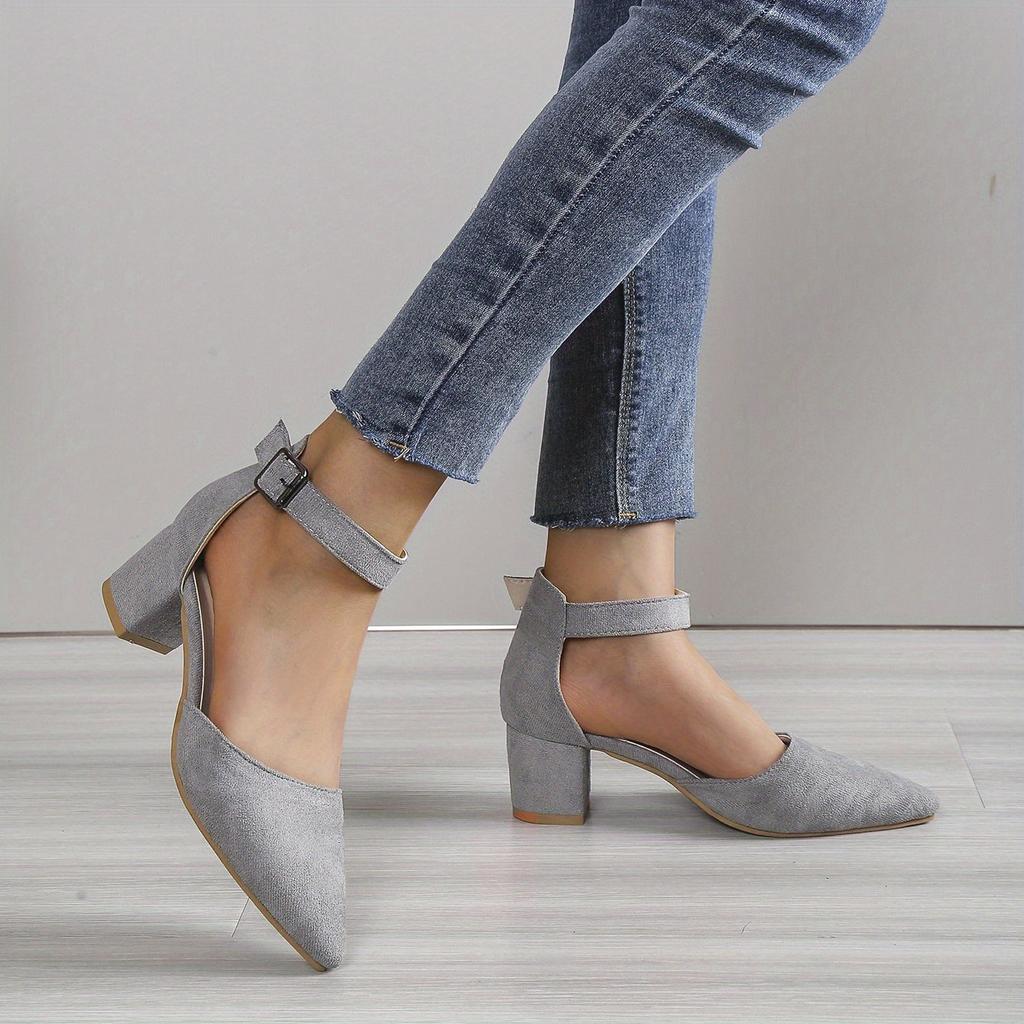 Women's Ankle Strap Chunky Heels, Pointed Toe Solid Color D'Orsay Mid Heels, Versatile