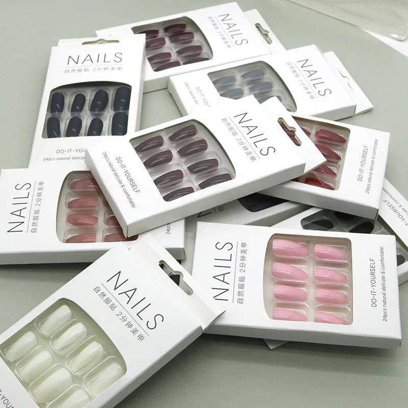 24Pcs Fashionable Solid Color Short Nail Products Nails Stickers Self-adhesive Fake Fingernail Reusable Women Sexy Hand Products