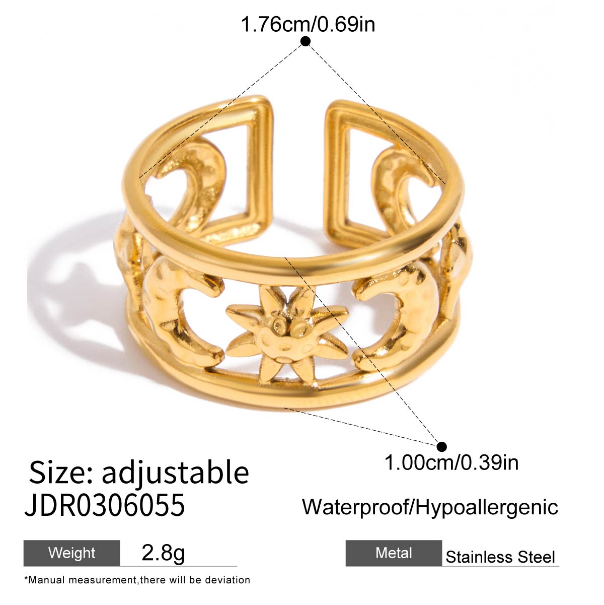 

Uworld Minimalist Classic 18K Gold Color Plated Star Moon Double Layer Open Rings Design Waterproof Stainless Steel Zircon Gift