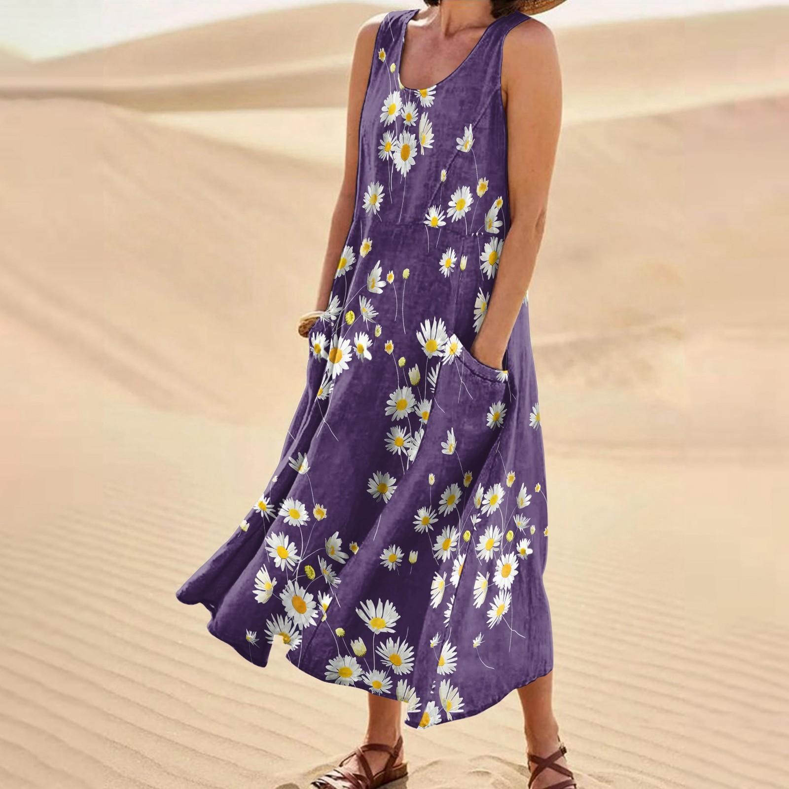 

Женское модное повседневное однотонное хлопковое льняное платье без рукавов с карманами XL фиолетовый