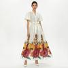 French Vintage Flower Maxi Dress Women Puff Sleeve V-Neck Elegant Floral Print High Waist Sashes A-Line Summer Beach Long Maxi Dresses