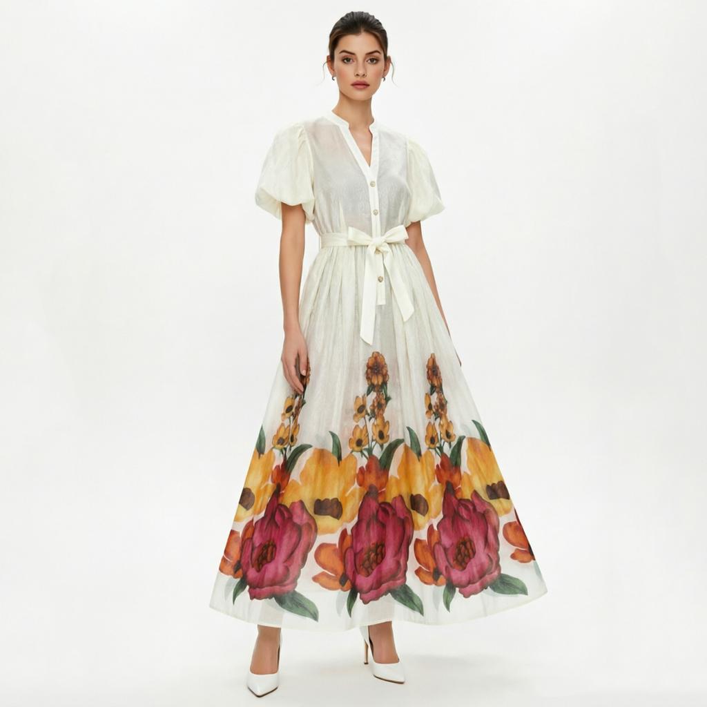 French Vintage Flower Maxi Dress Women Puff Sleeve V-Neck Elegant Floral Print High Waist Sashes A-Line Summer Beach Long Maxi Dresses