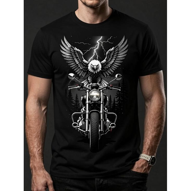 Herren Schwerschwer 100% Motorrad Grafik-T-Shirt - Schwarzes Biker Rebel Tee mit Adler auf Motorrad, Totenkopf & Flügel Design, Gotische Schriftzüge -