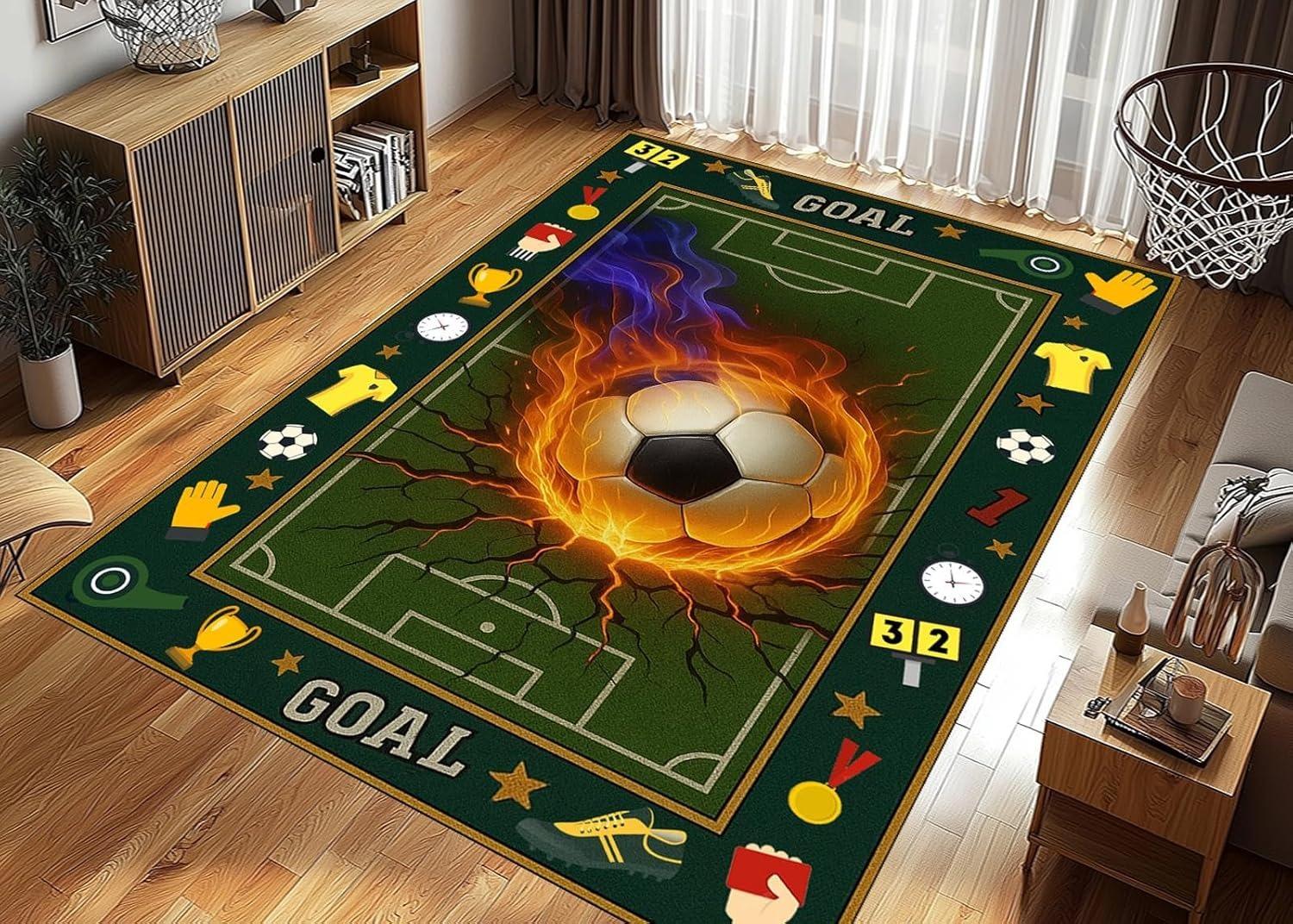 

Immersive 3D Flaming Soccer Rug Football Stadium Floor Mat Vivid Sports Theme Carpet for Modern Home Living Room Boys Gift Decor 50cm x 80cm