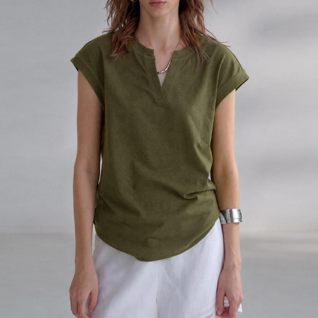 [Limited-time special offer] Quiet luxury hemp T-shirt, relaxed small V-neck shoulder-sleeved cotton and linen T-shirt, women's summer simple short sl