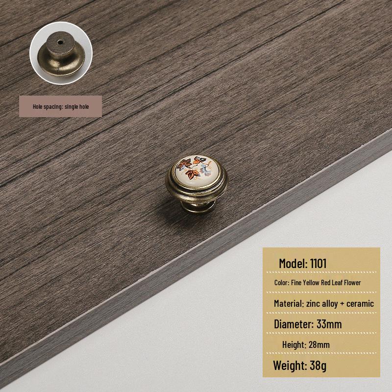 Starožitná hnědá červená a zelená listová keramická venkovská úchytka zásuvky skříňky