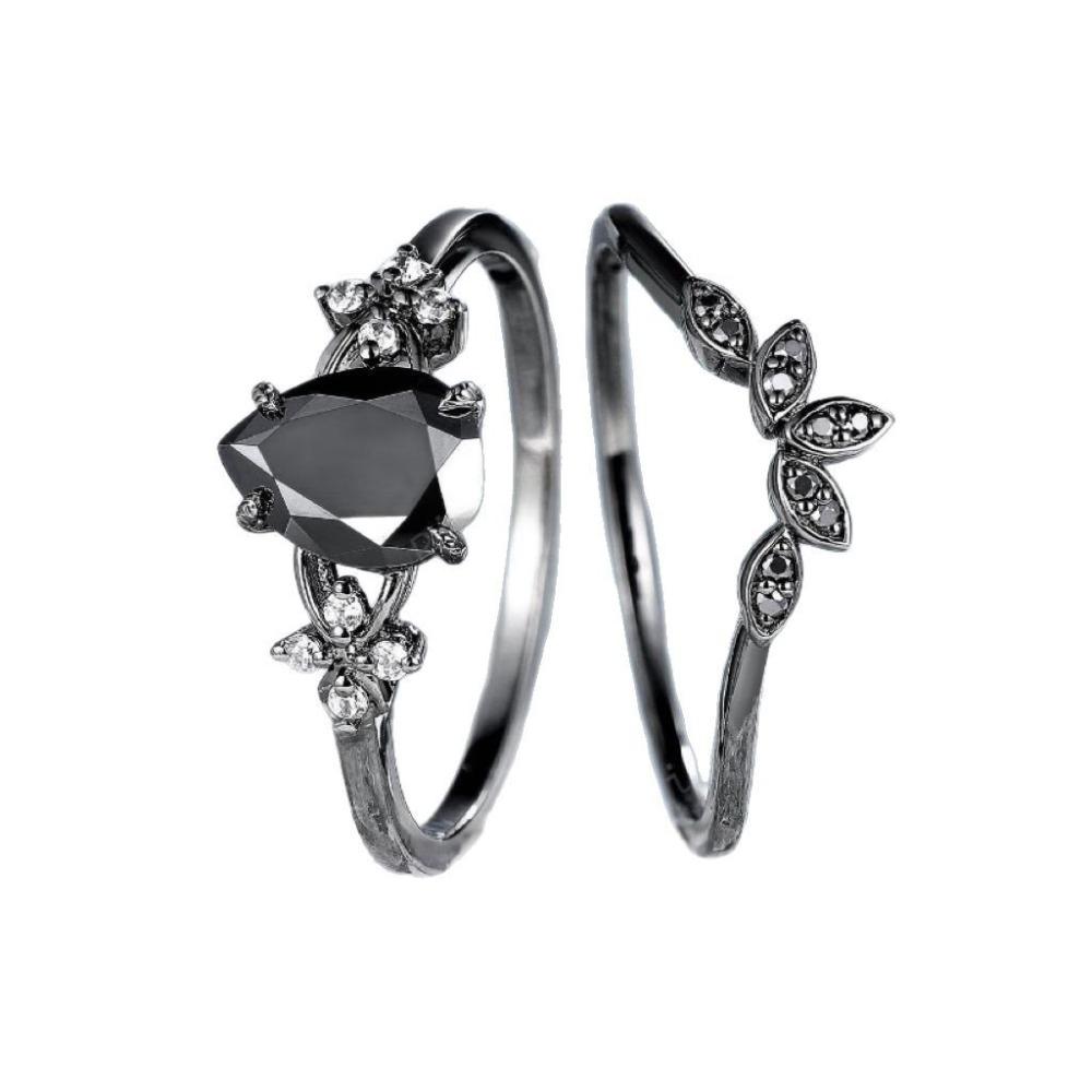 

2pcs Set Fashion Personality Gun Black Flower Water Drop Zircon Couple Rings for Women Men Valentine s Day Trendy Charm Zircon 6