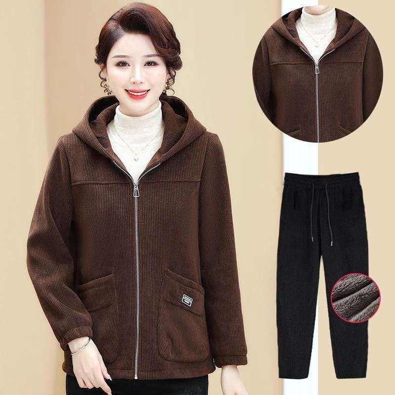 Ensemble de Sport Épais en Velours Couleur Caramel pour Femmes Mode Automne Hiver Décontracté à Capuche Ensemble Deux Pièces