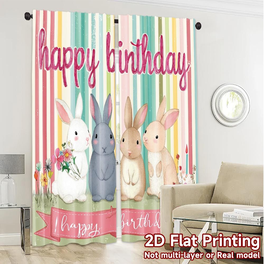 Set Of 2 Flat Printing Curtains Without Rod Birthday Bunnies Creative Polyester Easy Install Modern Made