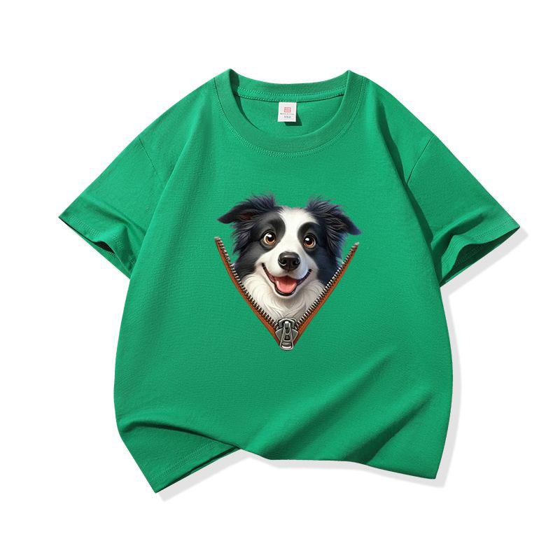 Kids Cotton T Shirt Adorable Collie Dog Zipper Print Crew Neck Short Sleeve Tee Casual Breathable Boys Girls Summer Tops