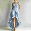 Damen V-Ausschnitt Ärmellos High-Low Rüschensaum Maxikleid Lässig Sommer Sonnentuchkleid