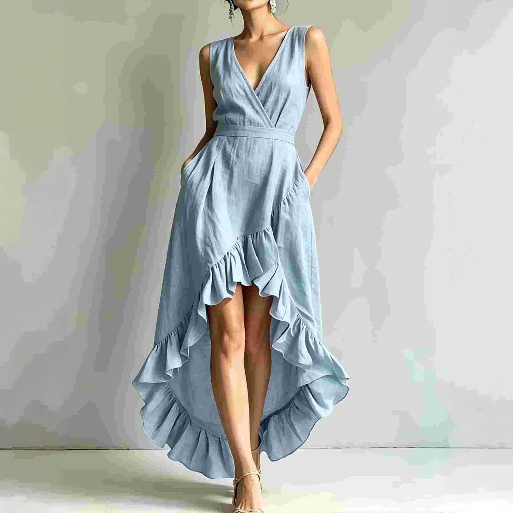 Damen V-Ausschnitt Ärmellos High-Low Rüschensaum Maxikleid Lässig Sommer Sonnentuchkleid