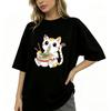 Cartoon Cat Eating Raunisex Graphic Unisexs Tshirt Skate Camping Rock Loose Short Sleeve Casual White Black Summer Tees