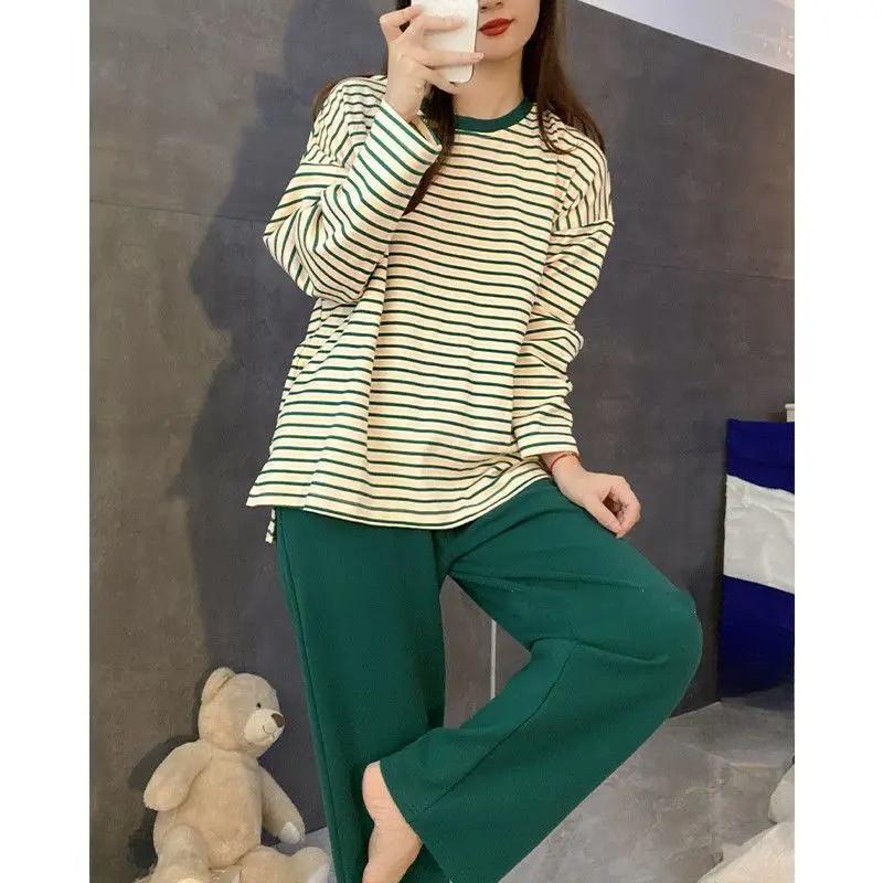 

Женская осенняя пижама с нагрудными вкладышами, полосатая, с длинным рукавом, большого размера, с круглым вырезом, простая повседневная модная корейская школьная пижама, домашняя одежда XXL зелёный