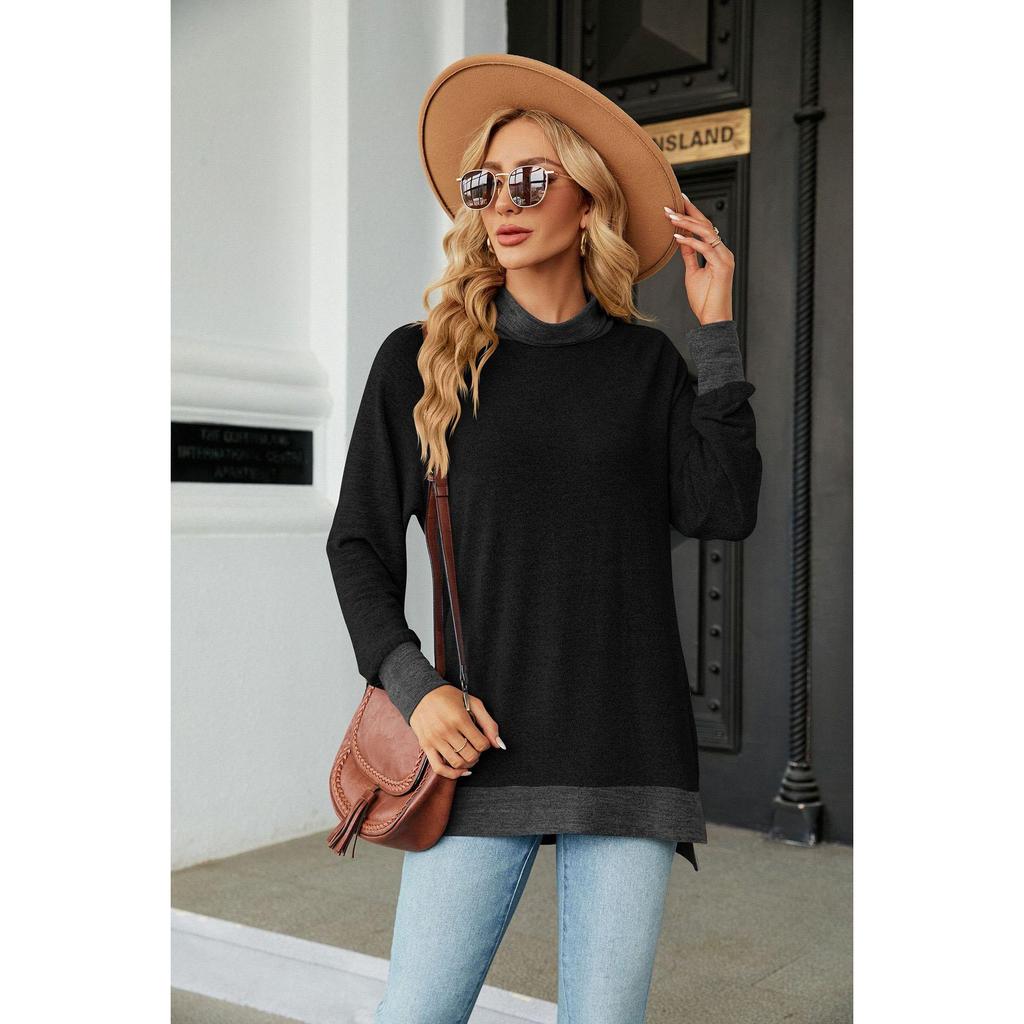 Women's Shirt Color Contrast Long Sleeve on The Shirt with Neck Loose Long Sleeve Slit T-shirt Top for Women Autumn and Winter