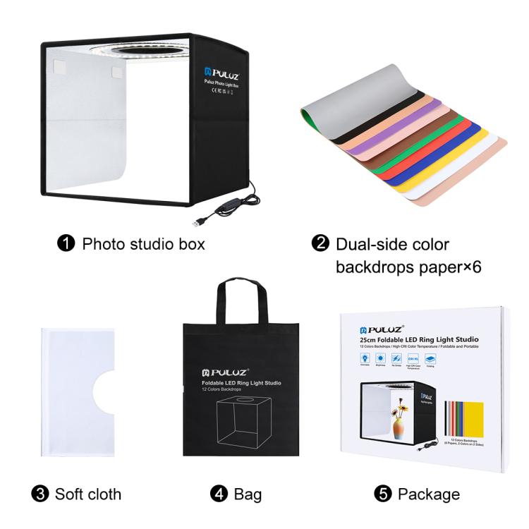 PULUZ 25cm Folding Portable High 97 CRI Ring Light Photo Lighting Studio Shooting Tent Box with 12 Colors Backdrops, Size: 25cm X 25cm X 25cm