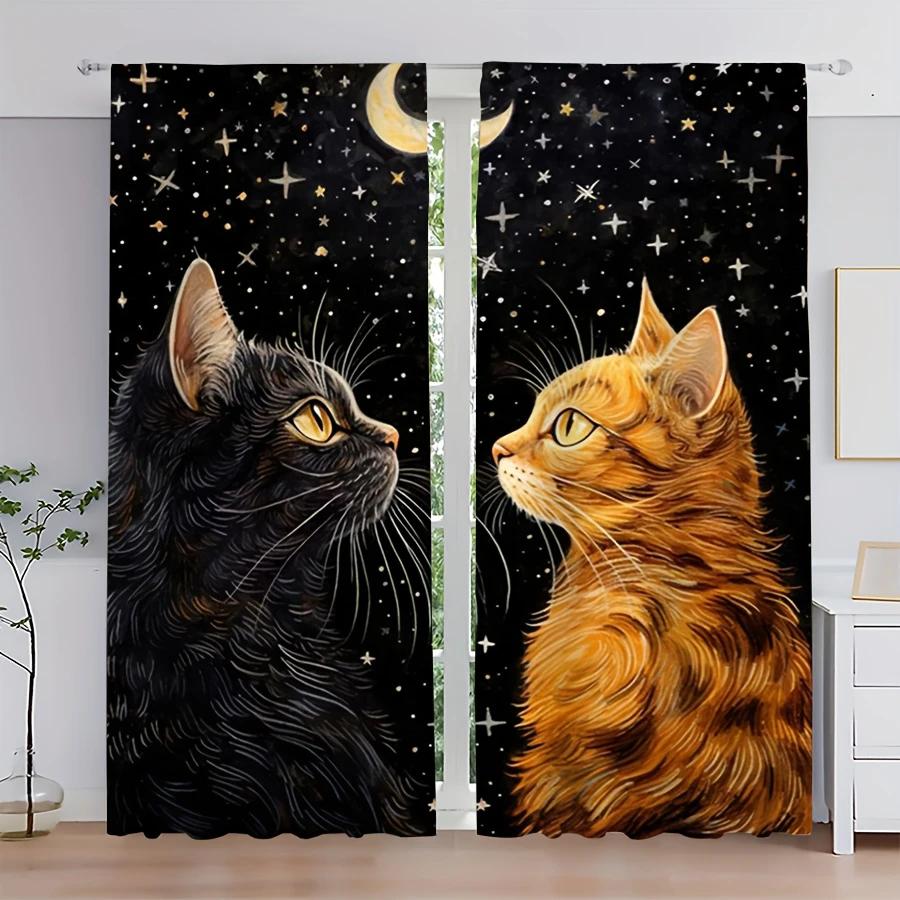 2pcs- Orange cat pattern printed curtains under the starry sky   bag-type curtains   home decoration   room decoration
