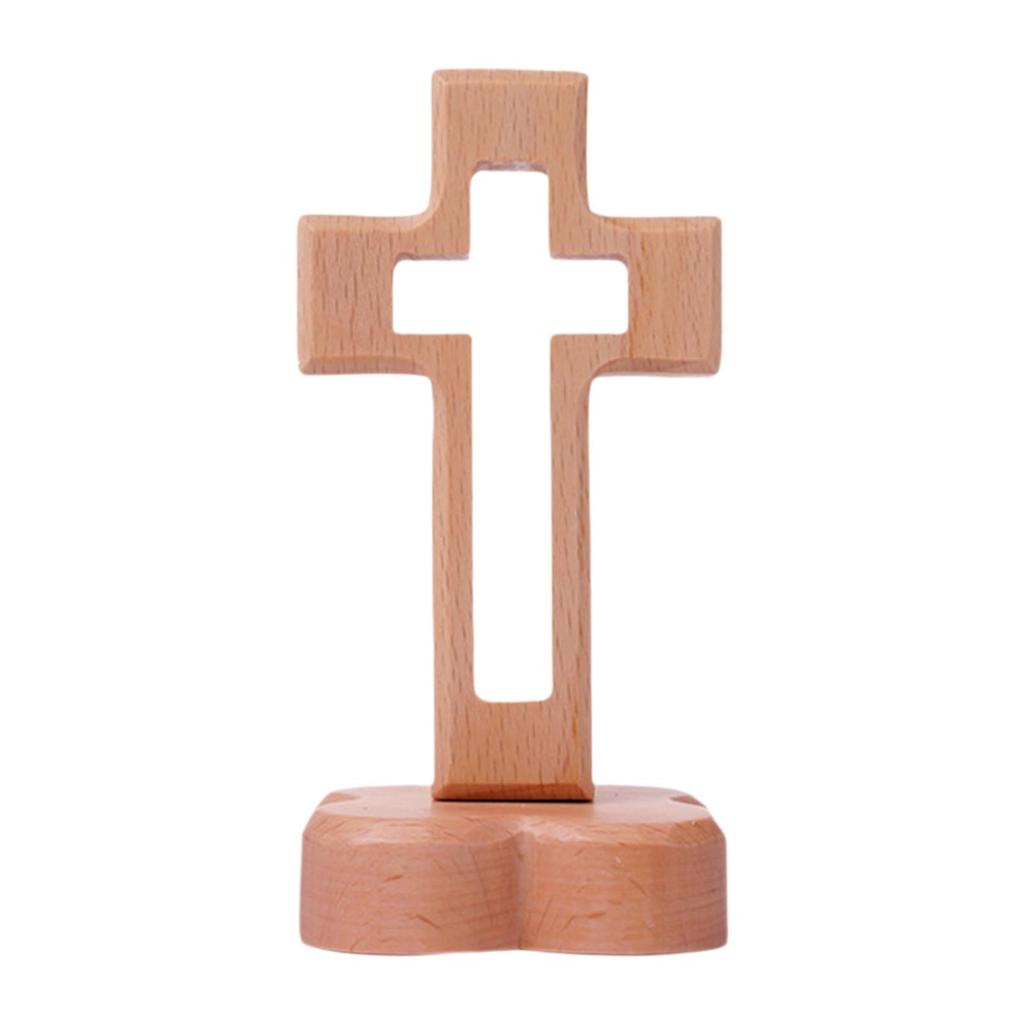 Wood Cross Statue with Stand Holy Cross Tabletop Cross with Base Catholic Wood Cross Decor for Christmas Shelf Decoration