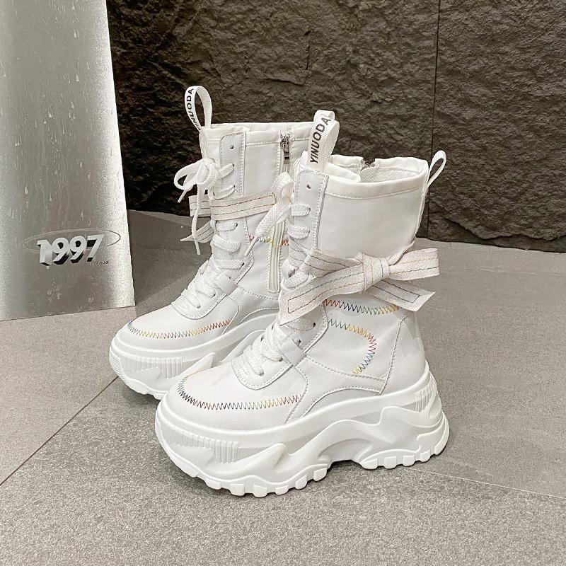 Fashion 8CM Women Chunky Mid-Calf Boots New Autumn Canvas High Platform Round Toe Ladies Shoes Tie Motorcycle Boots Winter Sneakers