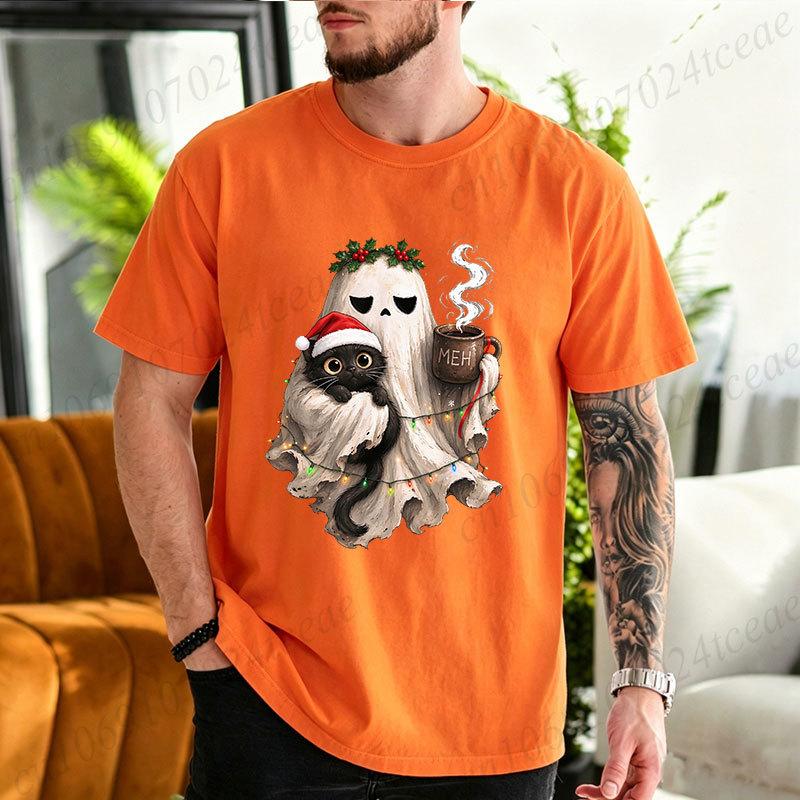 Cotton T-Shirt Spooky Christmas Tshirt Goth Black Cat Christmas Graphic Tee T‑shirt Funny Coffee Cup Tshirts Vintage Gothic Holiday Tops Gifts