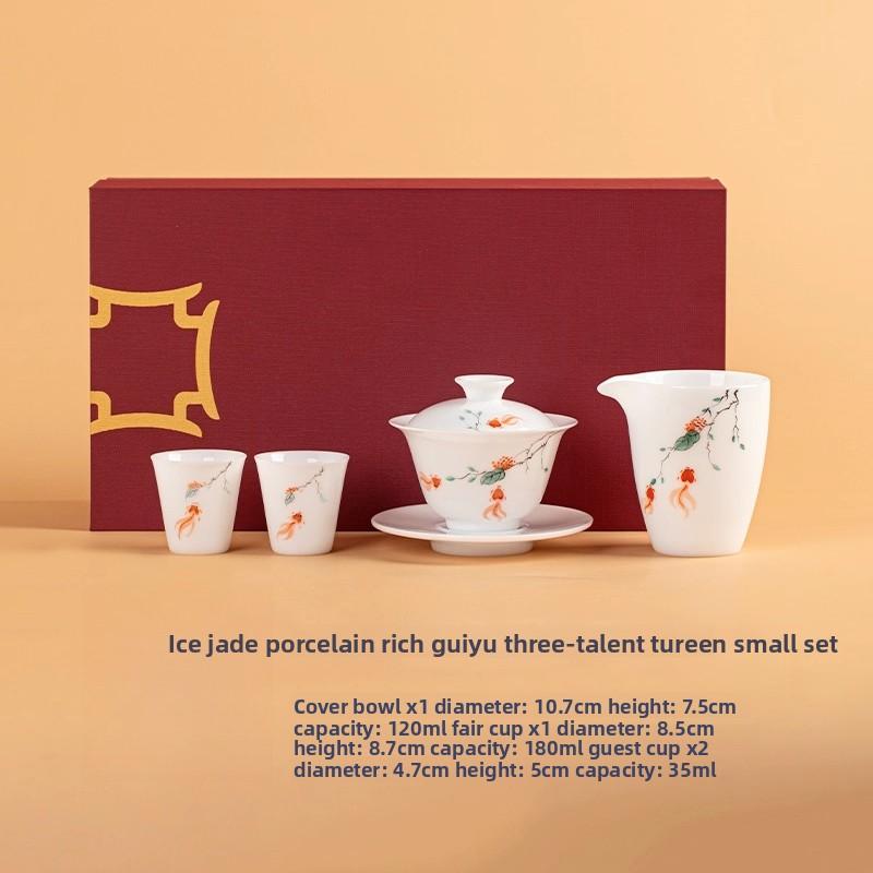 Fugui Fish Hand-painted Ice Jade Porcelain National Style Three Talents Cover Bowl Kung Fu Tea Set Single Tea Bowl High-end