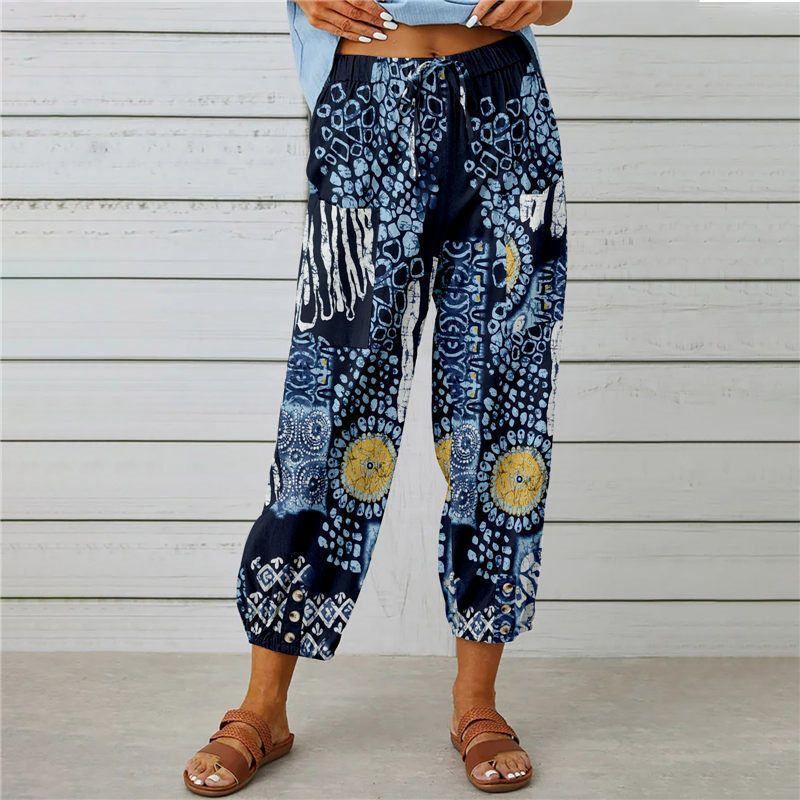 Women Linen Capri Pants Wide Leg Drawstring Cropped Pants