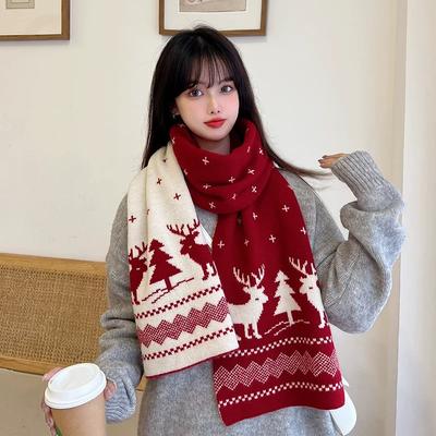 Elk Christmas Autumn and Winter Scarf for Female Students Korean Version Double Sided Wool Knitted Jacquard Warm Scarf As A Gift