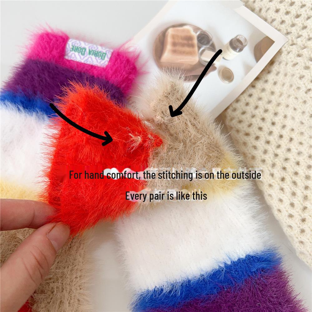 Women's Colorful Striped Wool & Velvet Fingerless Typing Gloves - Warm, Wrist Protective, Ideal for Students & Outdoor Activities