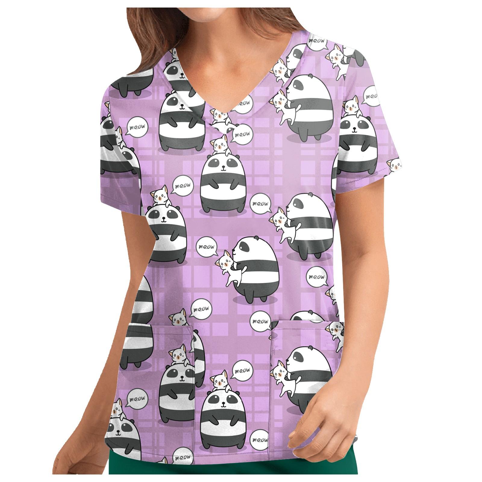 

Жіночі футболки з персоналізованим милим принтом, короткими рукавами, V-подібним вирізом, робоча форма, топи з кишенями XL фіолетовий