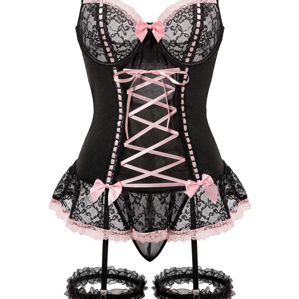 Foshan Lace Bow See-through Lingerie & Garter Skirt Set