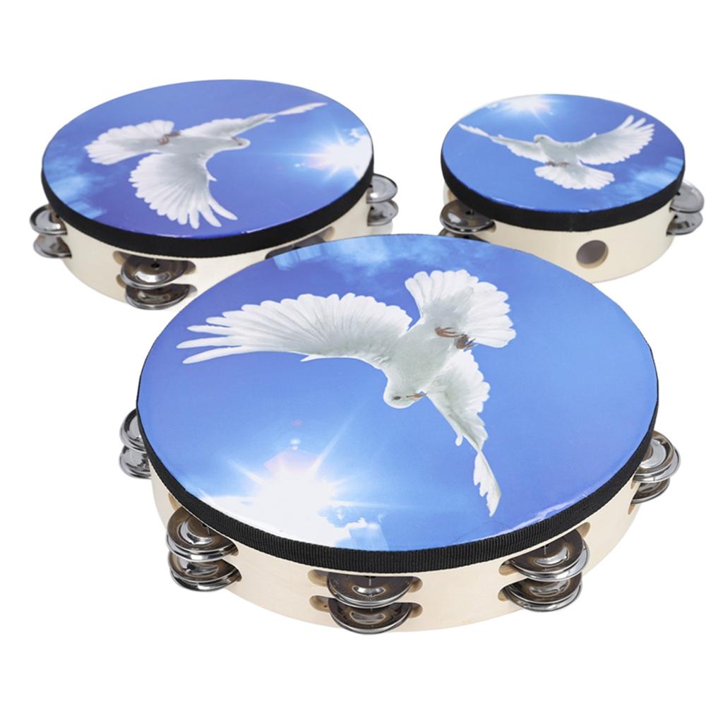 3PCS Wooden Tambourine Double Row Bell Jingles Hand Held Drum Hand Percussion Instrument for Adults Kids 6in 8in 10in