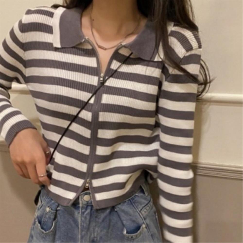 New ArrivalS Open Run Women S Stripe Two Way Zip Up Collar Neck Long Sleeve Knit