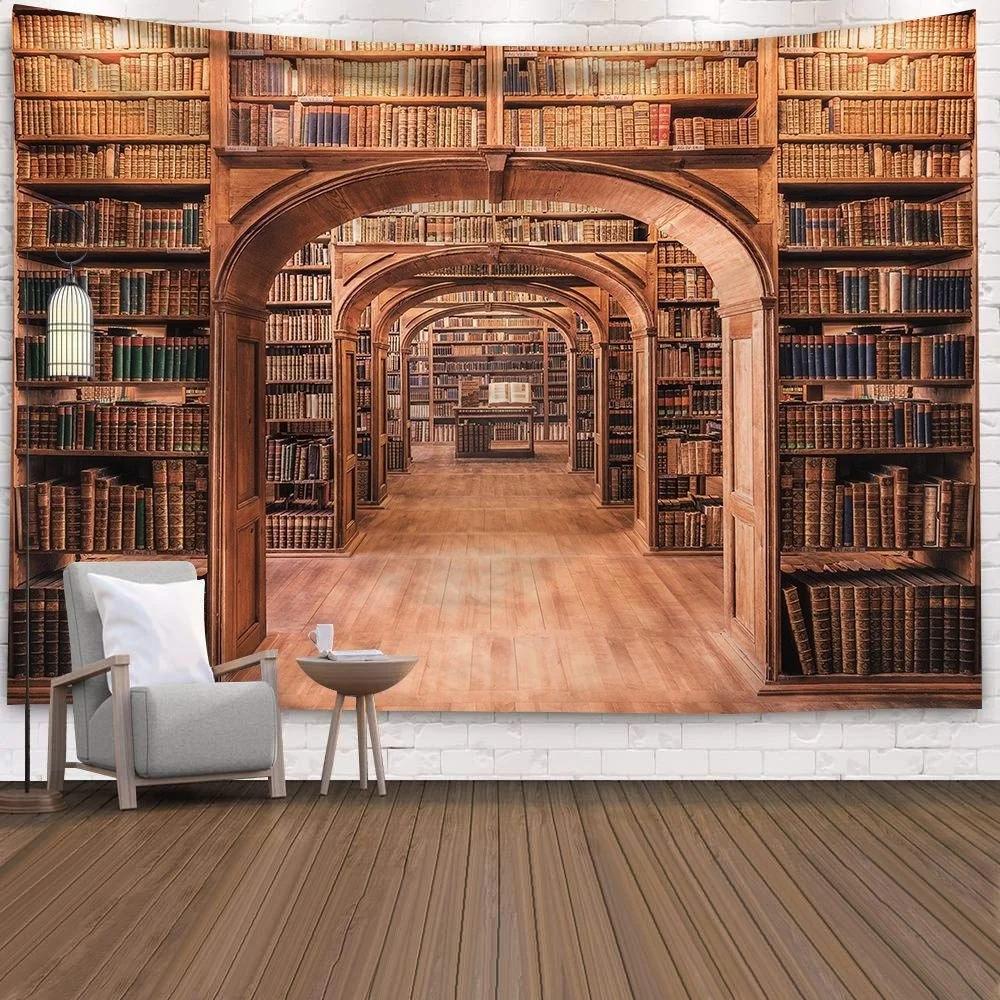 Bookshelf Tapestry, Digital Illustration Of Abstract Design Library In Forest Academic Themed Picture, Wall Hanging Wall Decor