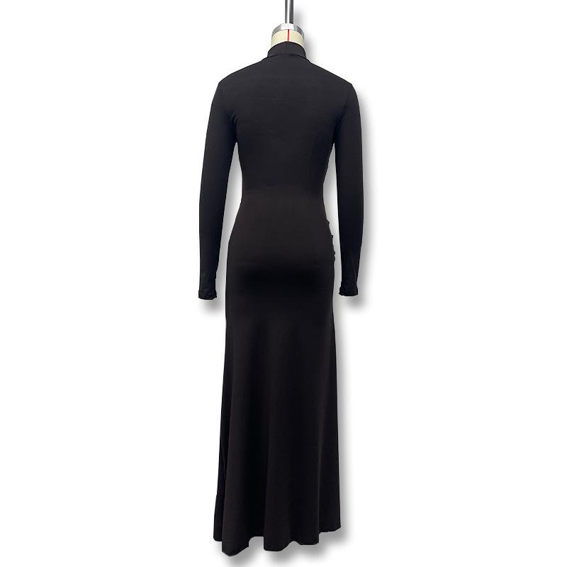 European & American High Slit Bandage Bodycon Dress - Autumn/Winter Sexy Slimming High Neck Long Dress for Women