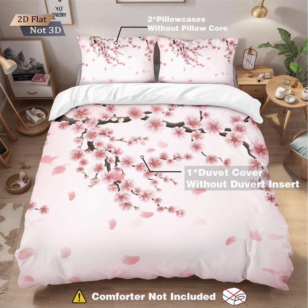 Three-Piece Pink Plum Blossom Brushed Duvet Cover Bedding Set - Custom Patterns Available