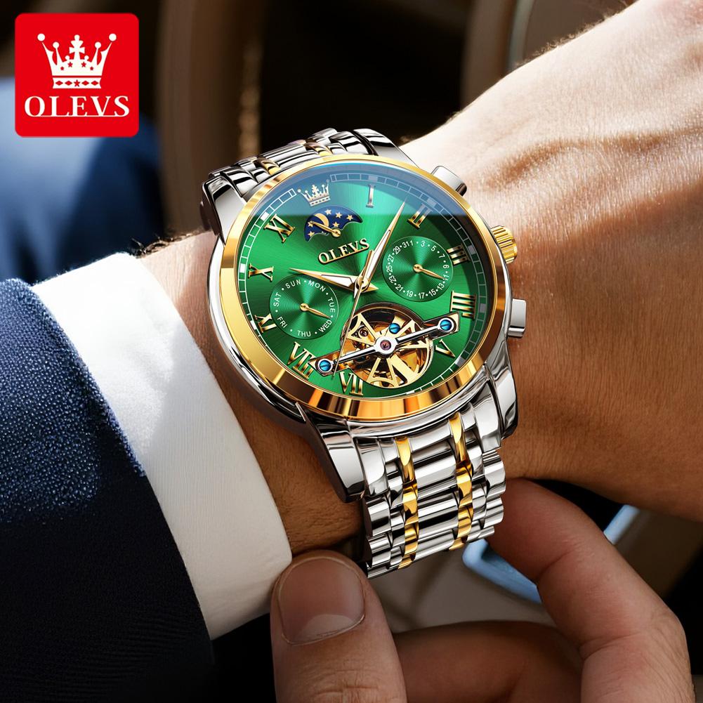 OLEVS Uhren Für Mann Mondphase Luxus Edelstahl Schwungrad Mechanische Handuhr Datum Wasserdicht Leuchtend Herrenuhr 6617