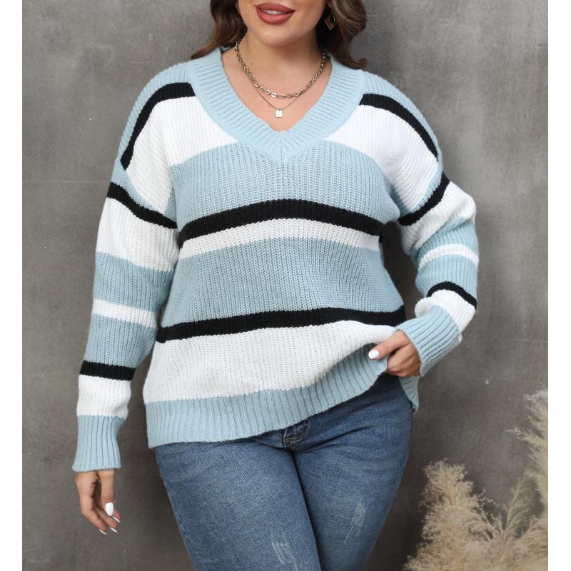 Women's Pullover Sweater Plus Size Women's Fashion European and American Style Autumn Winter New V-neck Color Block Fashion Sweater