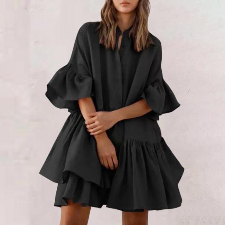 Summer Casual Loose Swing Dress for Women Babydoll Tiered Ruffle Sleeve Pleated Mini Mid-Length Dress Daily Life Beach Parties