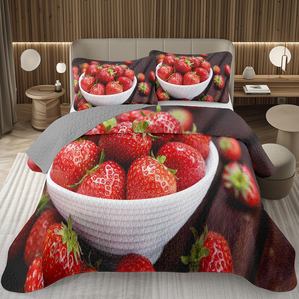 Strawberry Bedspread Kawaii Fruit Coverlet Twin King Size Cute Strawberries Quilt Set For Kids Girls Teens Adult Bedroom Decor