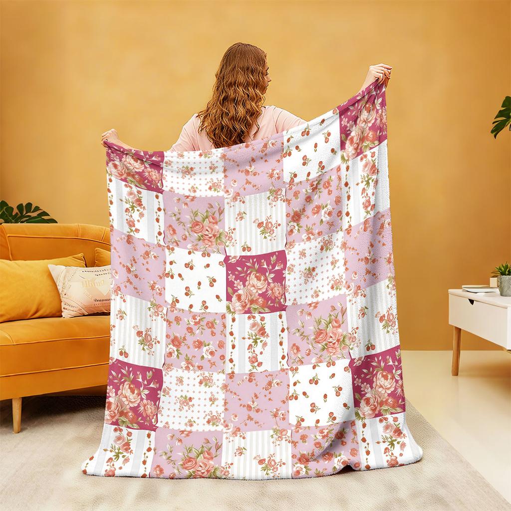 1pc Pink Floral Print 230 Flannel Blanket In Multiple Sizes, Soft And Comfortable Sleeping Blanket, Machine Washable
